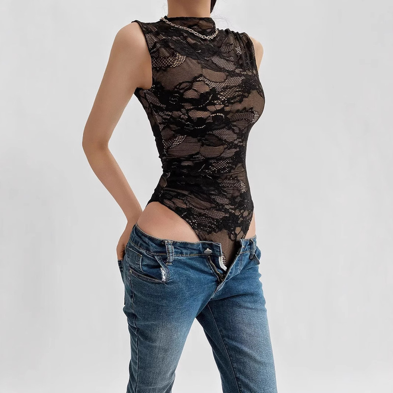 European and American Style Summer Sexy Hot Girl Style Half Turtleneck Double Layer Bottoming Lace Vest Elastic Tight Jumpsuit
