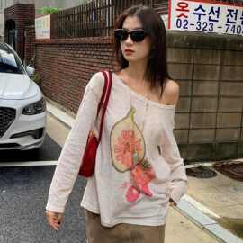 美式复古薄款长袖罩衫女夏季无花果印花彩色肌理感宽松防晒上衣te