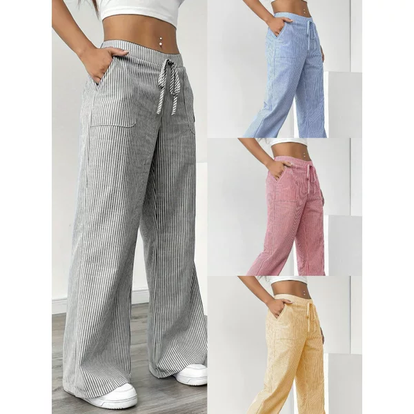 European and American Foreign Trade Cross-Border 2024 New Striped Long Pants Casual Versatile Street Fashion Loose Wide-Leg Women