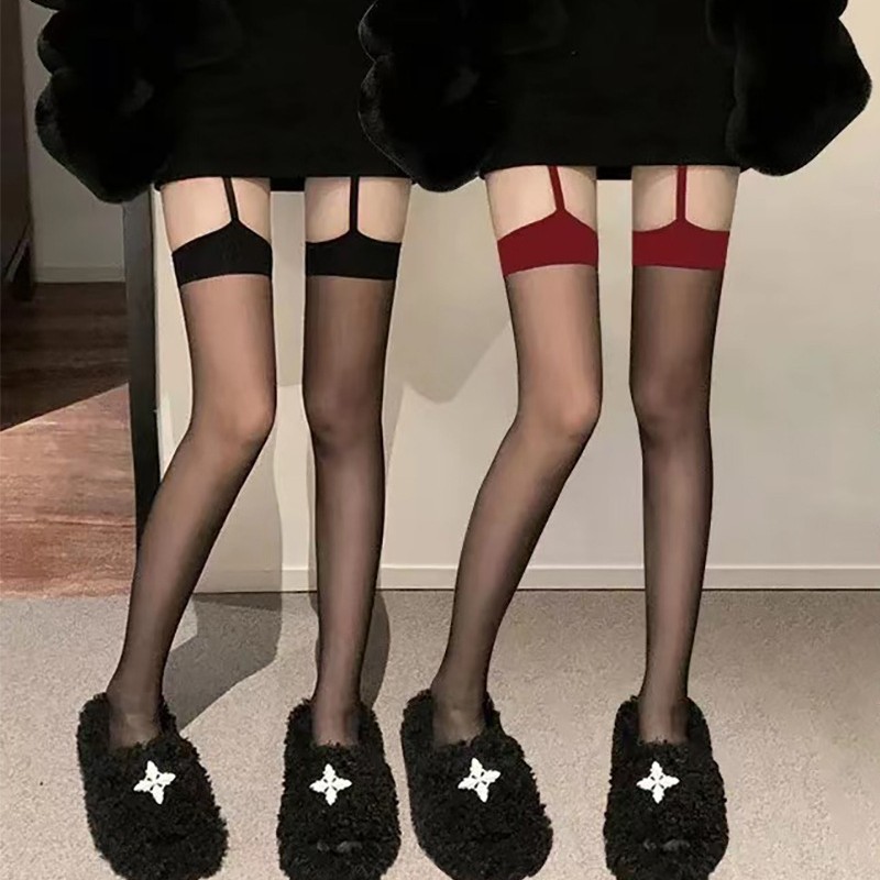 C吊a   红边黑色假吊带过膝高长筒丝袜女性感网红蕾丝蝴蝶结红丝