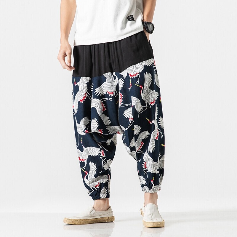 Chinese Style Cotton and Linen Low-Crotch Pants for Men, Cross-Pants, Flying Squirrel Pants, Linen Leggings, Ankle-Cuffing, Loose-Fitting Pants, Wide-Leg Drop-Crotch Pants, Trendy