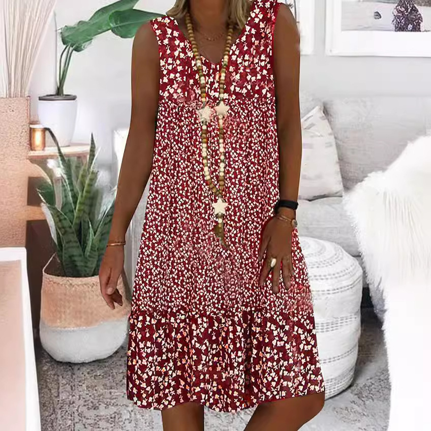 Cross-border 2024 Summer New European and American Women's Wear temu Hot V Collar Small Floral Printed Sleeveless Women's dress