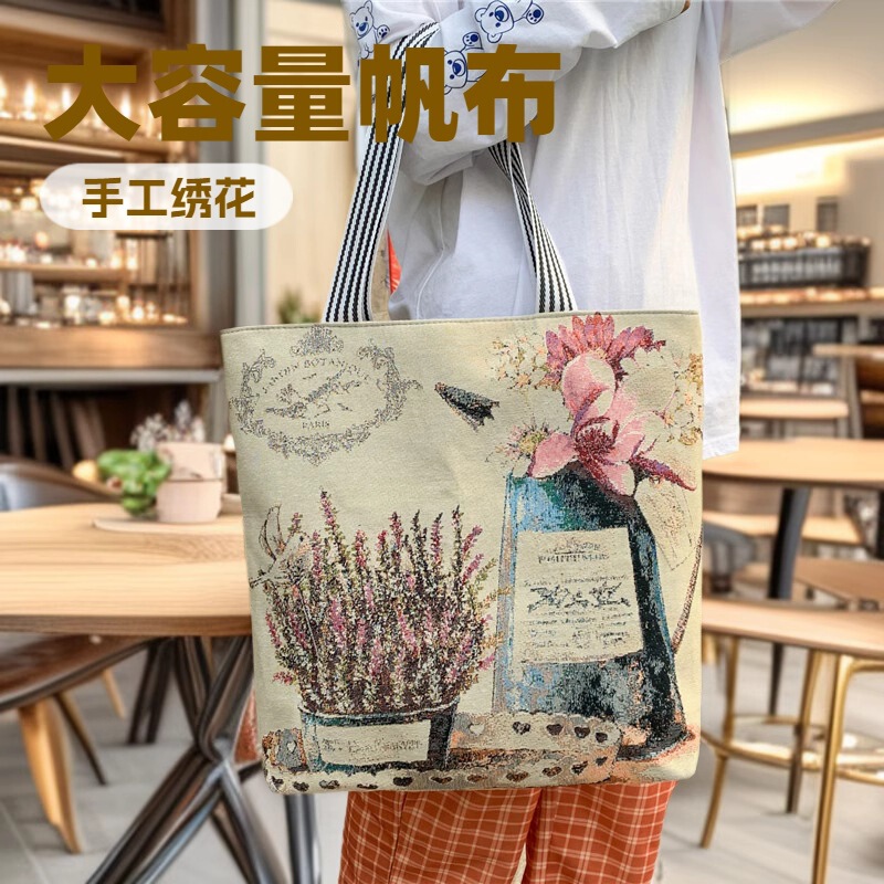 Foreign Trade New Embroidered Canvas Bag Shoulder Bag Women's Bag Tote Large Capacity Handbag Short Trip Travel Bag Leisure Travel Foreign Trade New Embroidered Canvas Bag Shoulder Bag Women's Bag Tote Large Capacity Handbag Short Trip Travel Bag Leisure Travel