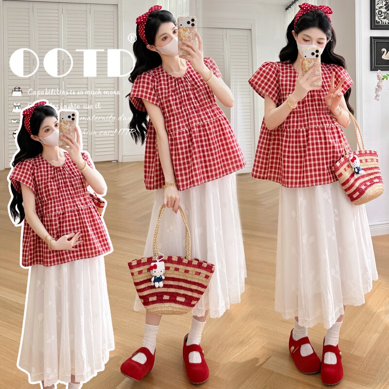 Real Shot~2026 Maternity Wear Summer Retro Red Plaid Small Flutter Sleeve Top + Maternity Skirt Set
