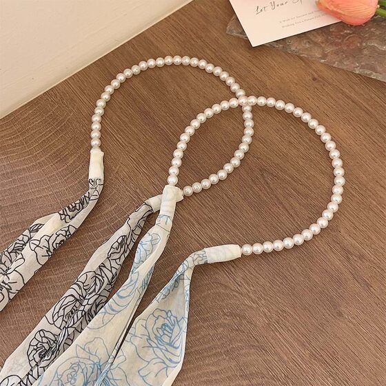 New Chinese Style Hong Kong Style Ribbon Pearl Headband One-piece Braided Hair Headband Hair Accessories Rose Ribbon Silk Scarf Tie Hair Headwear