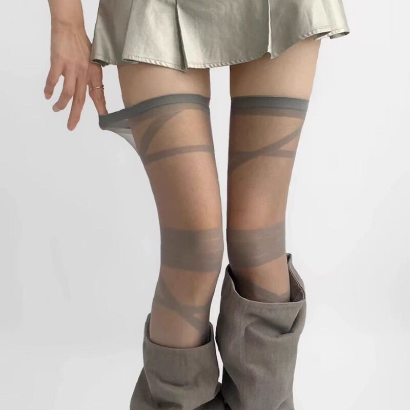 Gray Long Stockings for Women, Spring and Summer Thin Style, Sexy Over-The-Knee Socks with Straps, Cross-Patterned Gray Thigh-High Socks, Beautiful Legs, Slimming Legs