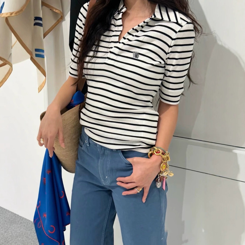 Commuter Striped Polo Shirt for Women 2026 Summer Nanyou Women's Fashion Loose Slimming Relaxed Casual Short-Sleeve T-Shirt Commuter Striped Polo Shirt for Women 2026 Summer Nanyou Women's Fashion Loose Slimming Relaxed Casual Short-Sleeve T-Shirt