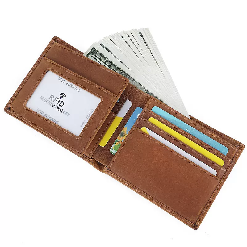 现货亚马逊RFID男士钱包真皮疯马皮卡包零钱包钱夹银行卡套錢包