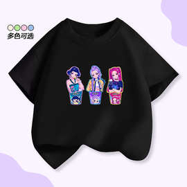亚马逊K-POP猎魔女团男女童短袖T恤新款夏季跨境卡通半袖宽松上衣