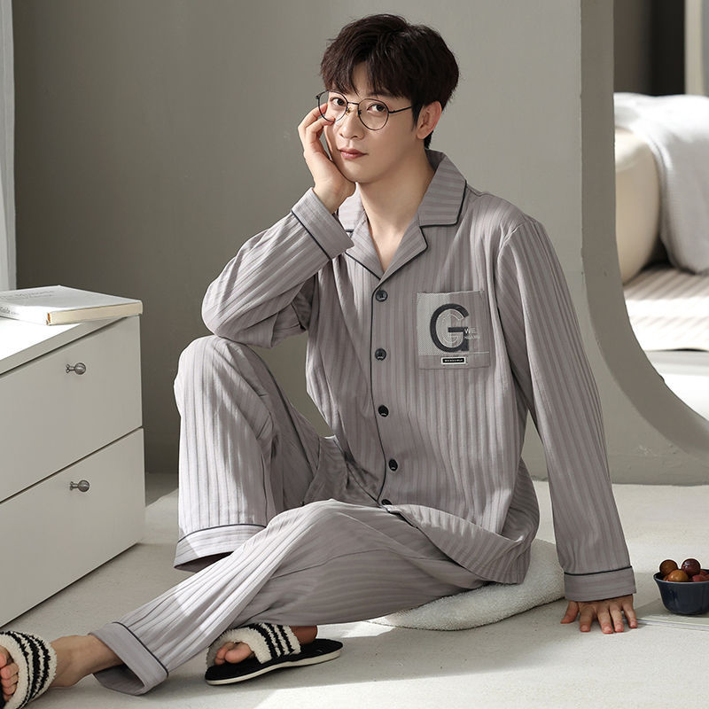 Pajamas de algodón de hombre primavera y otoño de manga larga nueva ropa casera suelta de tamaño grande engordado conjunto de ropa de hombre otoño y invierno