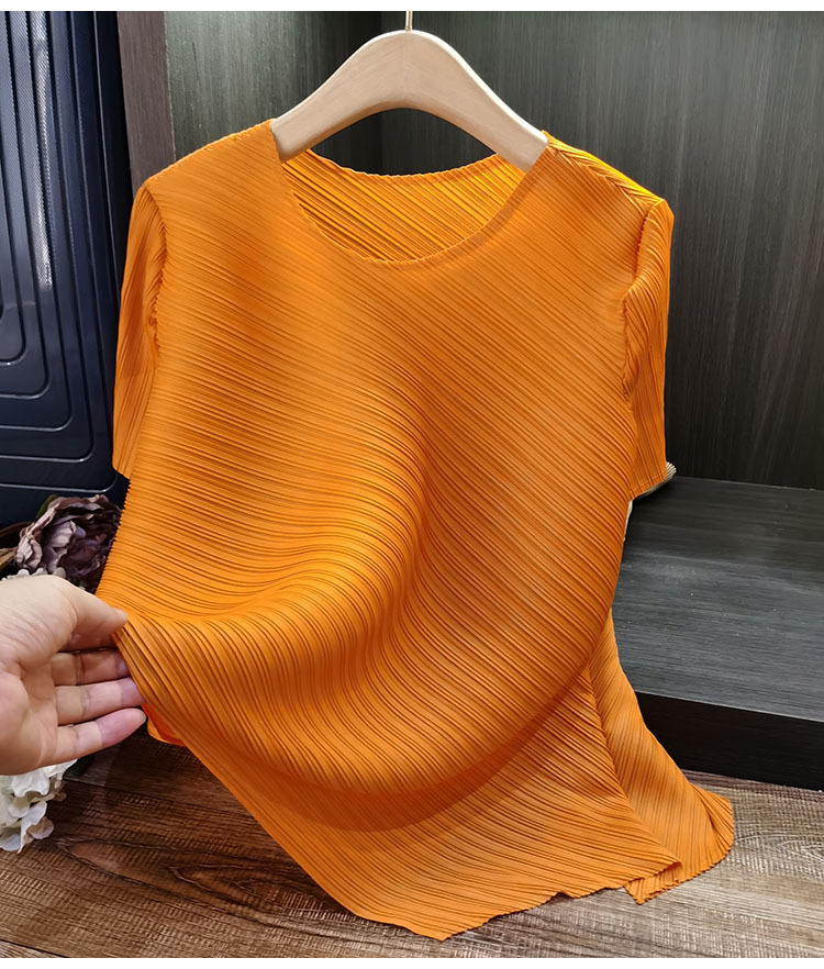Áo thun ngắn tay dáng rộng cổ tròn xếp ly nữ mùa hè — Tím hoa cà, Màu đen, Màu cam, Xanh lam Sương Khói chi tiết 20