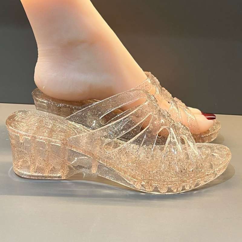 Crystal High-Heeled Sandals for Women Summer Jelly Transparent Pvc Material Wedge-Heeled Slippers Thick-Soled Outdoor Medium-Heeled Slippers