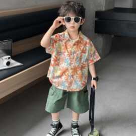 男童夏季套装儿童韩版花衬衫短裤两件套2026新款男宝宝夏天衣服潮
