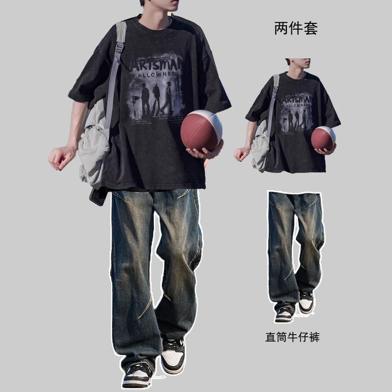 Teenage Ins Trendy Brand High-End Short-Sleeved T-Shirt Boys Suit with Jeans Cool and Handsome Outfit Set