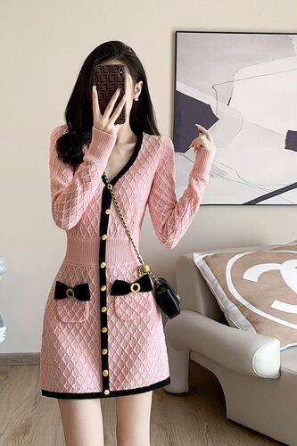Spring and Autumn New Chanel Style Collar Long-Sleeve Bow Knit Dress with Sensual Waist Cinching Slimming Inner Sweater