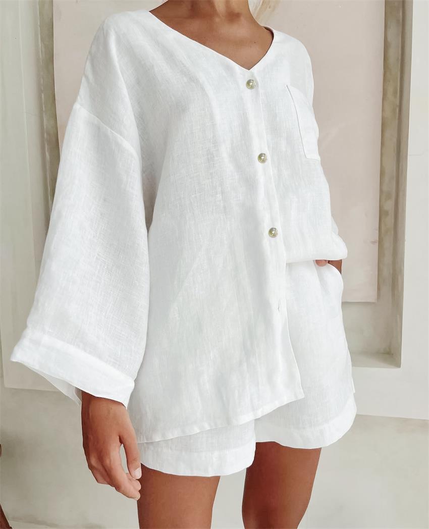 conjunto de camisa y pantalón corto de manga larga de dos piezas de algodón en color liso NSSQS134992