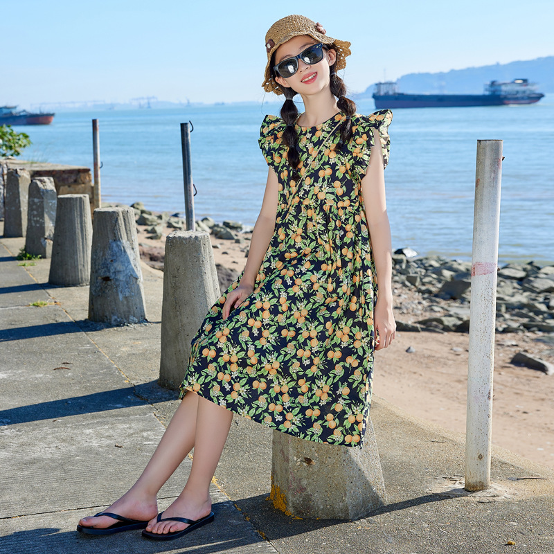 Vestido de niñas verano manga voladora para niños 2024 nuevo verano Corea del Sur ropa para niños vestido de princesa de niña estampado de algodón