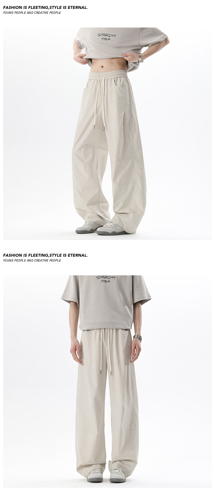 Casual Cargo Trousers With Drawstring For Men And Women, Pleated_voghion.com