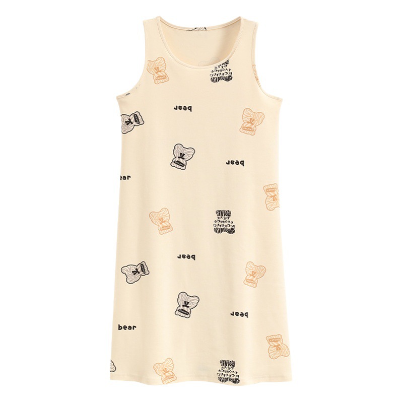 Vestido de chaleco de algodón de verano para mujer con almohadilla en el pecho sin mangas de algodón de dibujos animados de longitud media vestido homewear Pijamas