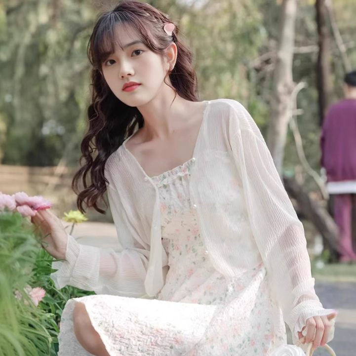 Chiffon Sun Protection Jacket with Suspender Dress, Cardigan, Women's Summer Shawl Blouse, Thin Outer Cover Chiffon Sun Protection Jacket with Suspender Dress, Cardigan, Women's Summer Shawl Blouse, Thin Outer Cover