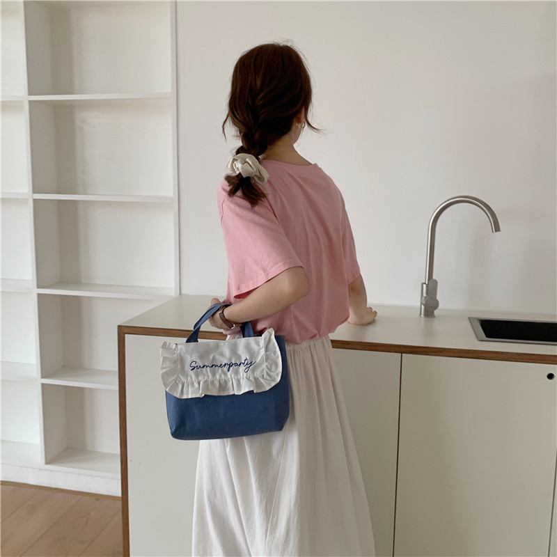1441 Japanese and Korean chic Sweet ruffled bento Bag, Fresh embroidered hand-held small cloth bag, girl student bag wholesale undefined