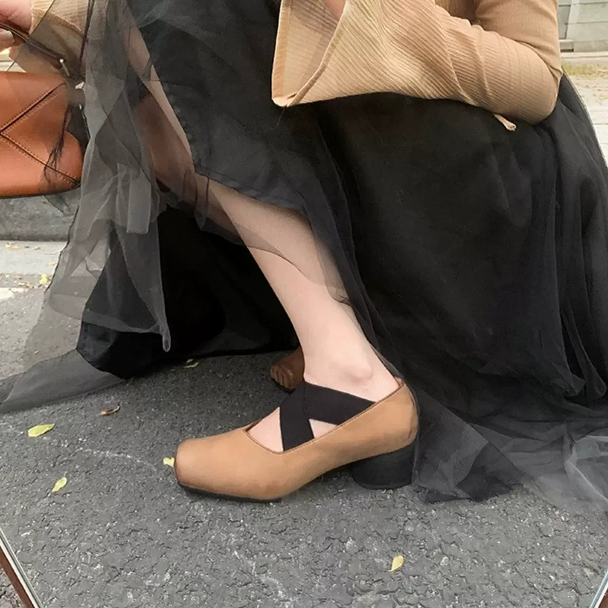 羊皮版~方头芭蕾舞鞋女外穿交叉uma猪鼻子浅口复古平底粗跟单鞋子