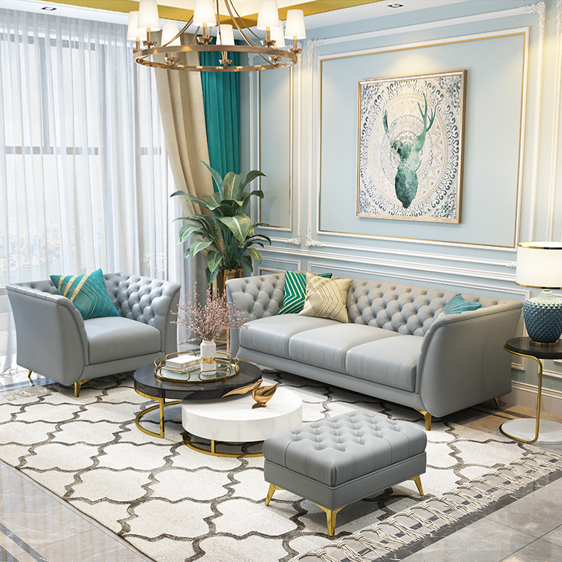 Light Luxury Post-Modern American Small Apartment Leather Sofa Living Room Combination First-Layer Cowhide Three-Seat Corner Leather Sofa