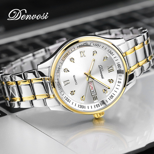 丹弗士男士手表简约实用双日历全自动石英防水时尚罗马刻度学生表