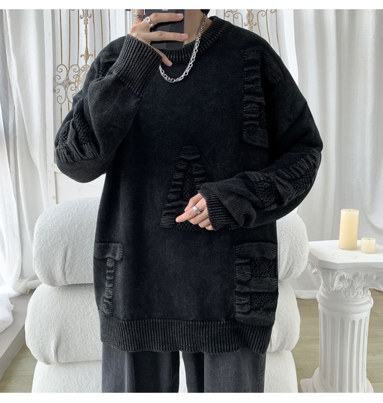 Men's Oversized Knit Sweater Round Neck Streetwear Pullover_voghion.com