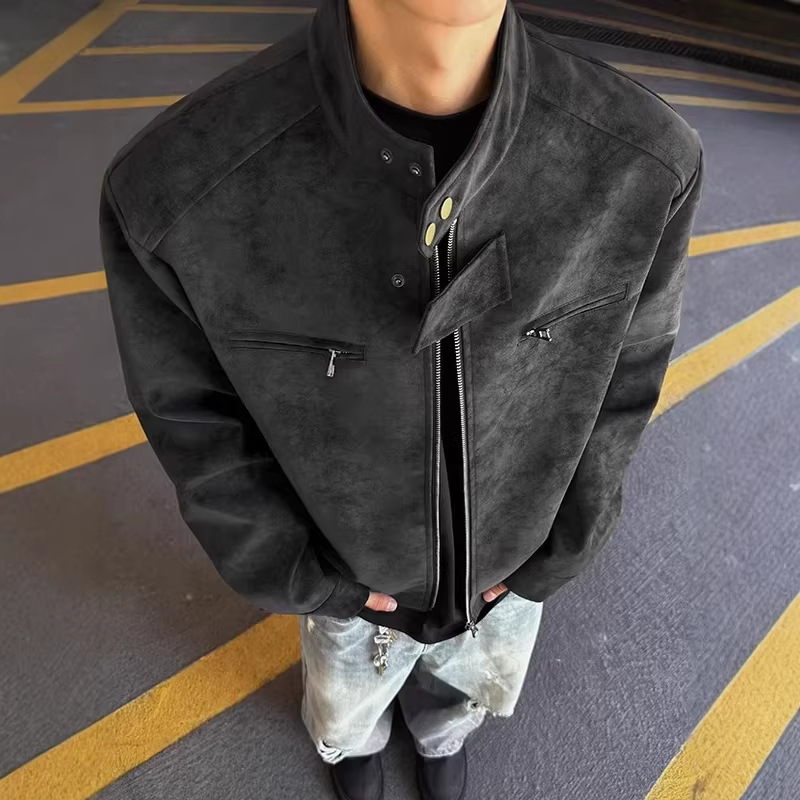 Fashion Retro Baseball Jacket Spring and Autumn Stand Collar Jacket Men's Tie-Dye Regular Shoulder Leather Jacket American Style 2026 New Model Fashion Retro Baseball Jacket Spring and Autumn Stand Collar Jacket Men's Tie-Dye Regular Shoulder Leather Jacket American Style 2026 New Model