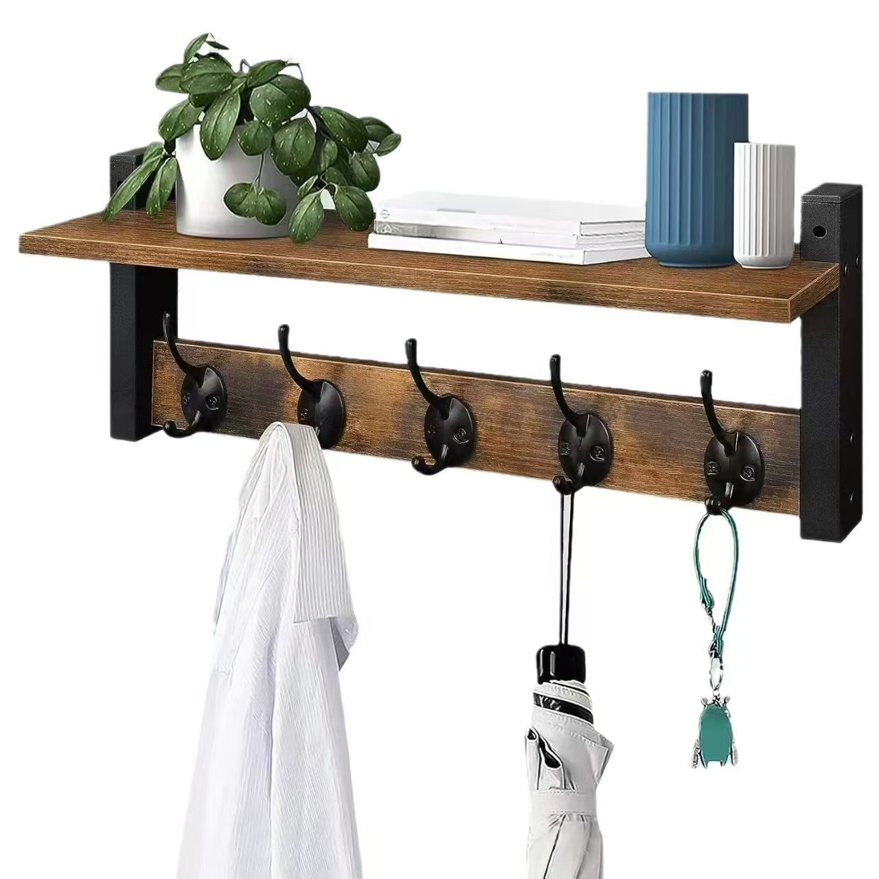 Wooden Entrance Key Storage Rack Bedroom Wall-Mounted Coat Rack Bathroom Towel Storage Rack