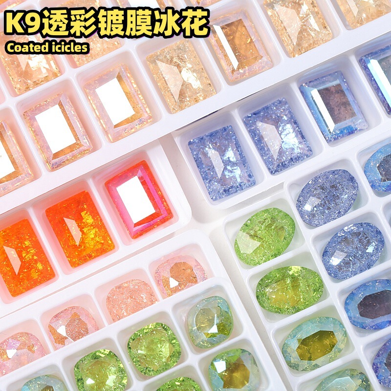 New transparent coated ice Flower Diamond 10*14 rock sugar fat Square burst Ice Flower nail drill color plated glass diamond accessories