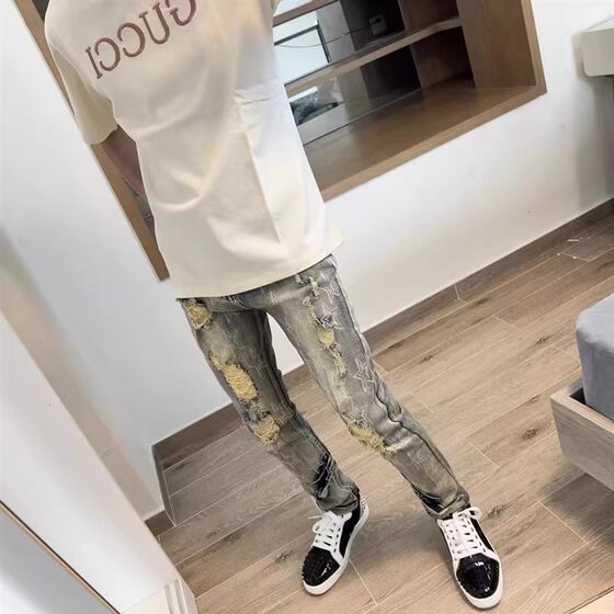 Spring New Vintage Printed Jeans Men's Elastic Slim-fit Straight European and American Style Distinctive Casual Trousers with Nostalgic Hole