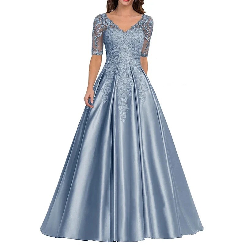 European and American Style Formal Long Evening Dress with Lace Appliqué, Short-Sleeve Mother of the Bride Dress