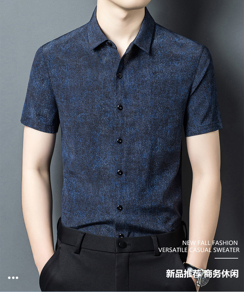 Áo sơ mi nam tay ngắn lụa tơ tằm mùa hè phong cách vintage — Xanh da trời8883 chi tiết 2