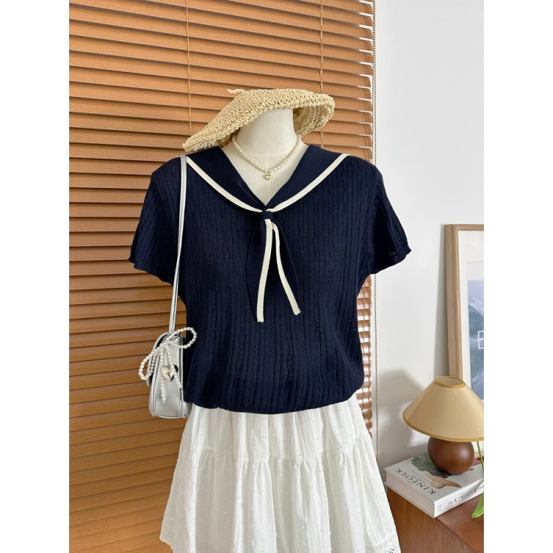 Cross-Border Foreign Trade Exclusively for Oem Source Factories/2026 Summer New Korean Style Girl's Navy Collar Short-Sleeve Knit Top