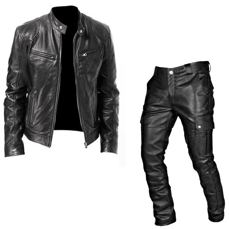 Foreign Trade Autumn and Winter Men's Cosplay Suit Leather Jacket and Leather Pants Two-Piece Pu Leather Casual Suit Medieval Suit Foreign Trade Autumn and Winter Men's Cosplay Suit Leather Jacket and Leather Pants Two-Piece Pu Leather Casual Suit Medieval Suit