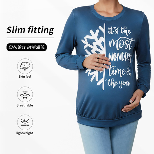 Blue Snowflake European and American Style Maternity Long-Sleeve Hoodie Top for Outerwear Loose Casual Spring and Autumn Pregnancy Wear