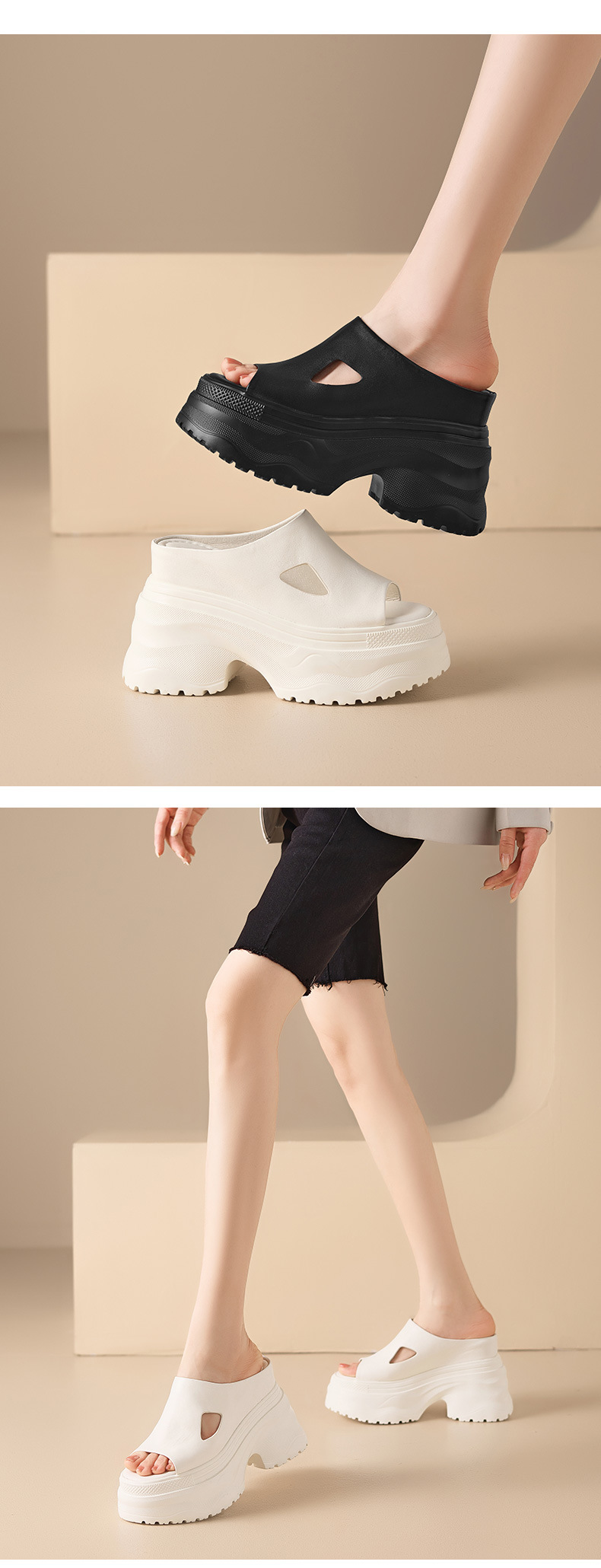 Sandal cao gót nữ hở mũi đế dày 12 cm, phong cách đường phố — màu đen, Trắng kem- chi tiết 5