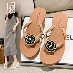 Summer New High-heeled Flip-flops Women's Elegant Camellia Simple Fashion Holiday Super High Thick Bottom Beach Sandals