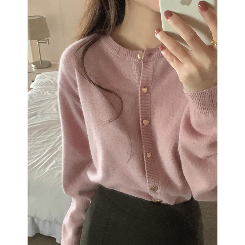 Dulce tierno amor botón rosa suéter cardigan suelta mujer coreana invierno invernal cortos abrigo de punto chaqueta superior