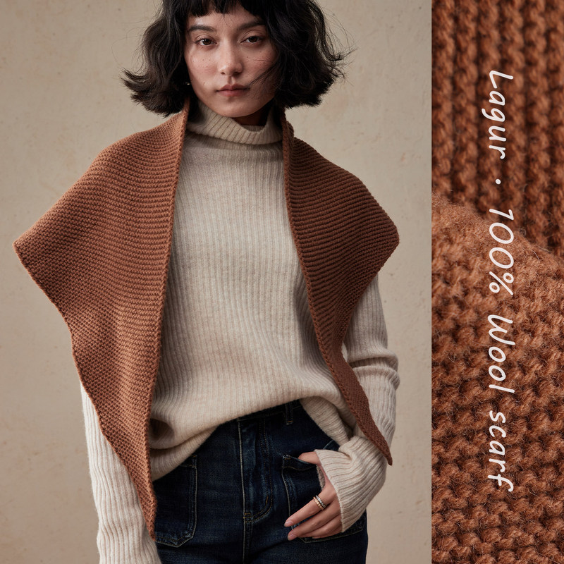 Warm Sun Pine Forest (Rustic Handmade Style) Thick Knitted Triangle Scarf Shawl Pure Wool Elegant Women's Solid Color