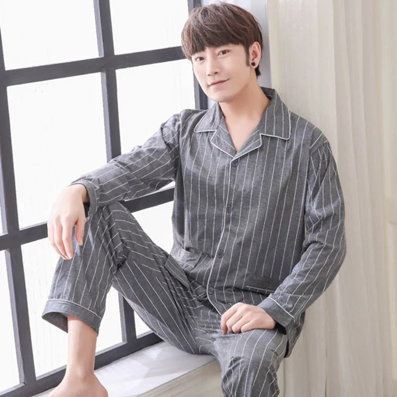 100% pijamas de algodón para hombres de verano de manga larga y corta para hombres delgados jóvenes y de mediana edad más el tamaño de primavera y otoño traje de uso en el hogar