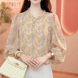 一件代发直播爆款2026夏季韩系花边印花衬衫女宽松显瘦七分袖上衣