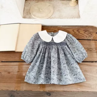 ins韩版女童宝宝纯棉印花娃娃领打缆连衣裙中小童礼服外出服裙子