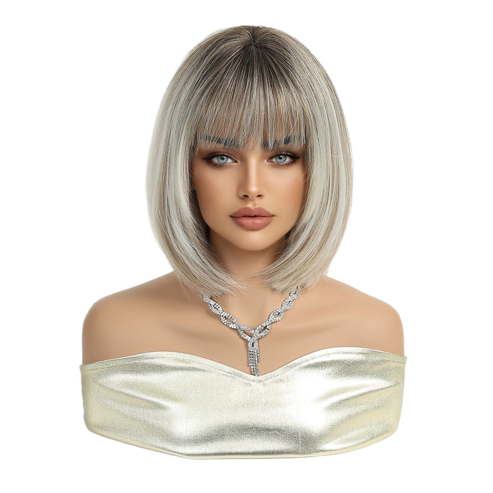 Comercio exterior transfronterizo estilo europeo y americano nuevo producto Qi flequillo pelo corto BOBO cabeza gradiente blanco gris moda peluca mujer todo en la cabeza