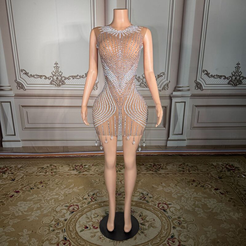 New Style Sleeveless Shiny Rhinestone Tassel Mesh One-Piece Bodycon Short Dress for Dance Parties, Nightclubs, Bars, and Dj Sexy Outfits New Style Sleeveless Shiny Rhinestone Tassel Mesh One-Piece Bodycon Short Dress for Dance Parties, Nightclubs, Bars, and Dj Sexy Outfits
