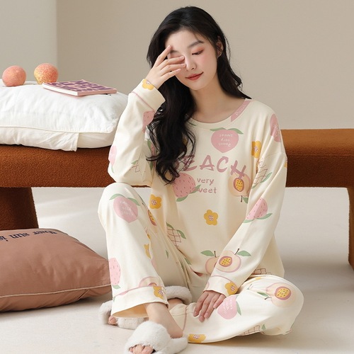 Women's 100% Cotton Pajamas for Autumn: Long-Sleeve, Long-Style Cartoon Design with Chest Pads—Cute, Wearable Home & Outfit Set