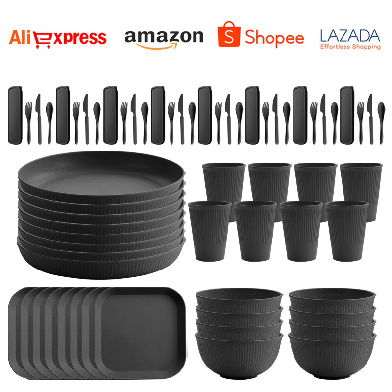 Cross-border vertical grain wheat straw bowl dish cup tableware suit outdoor portable knife, fork and spoon tableware