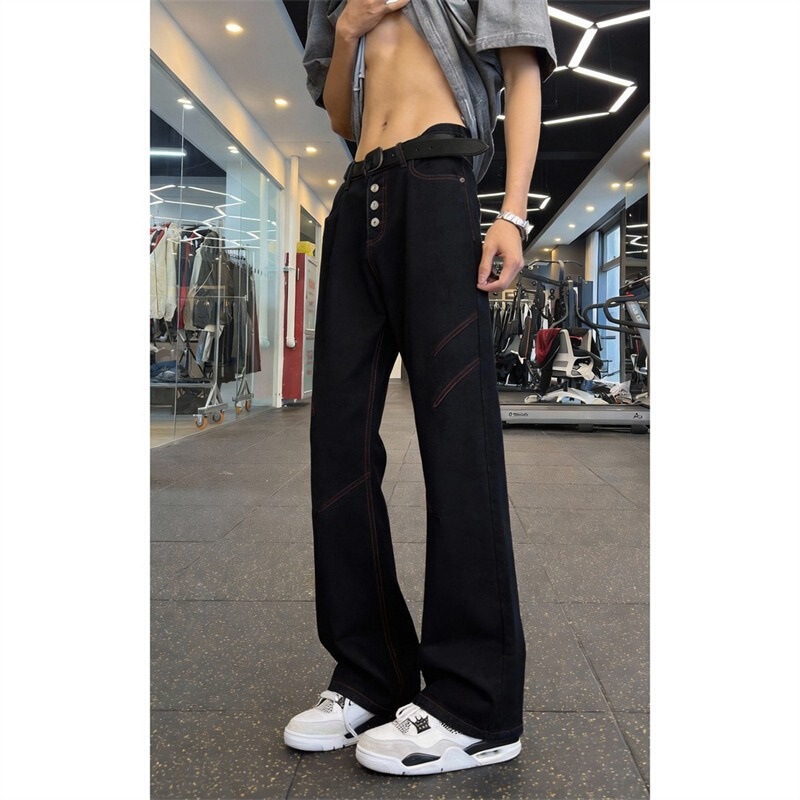 Cleanfit American-Style Black and Red Vintage Jeans for Men, Wide-Leg Trendy Brand, Slightly Flared, Versatile Summer Straight Pants Cleanfit American-Style Black and Red Vintage Jeans for Men, Wide-Leg Trendy Brand, Slightly Flared, Versatile Summer Straight Pants